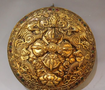 

10" Tibet BuddhismTemple Bronze 24K Gold Gem Two Dragon Buddha Vajra Statue