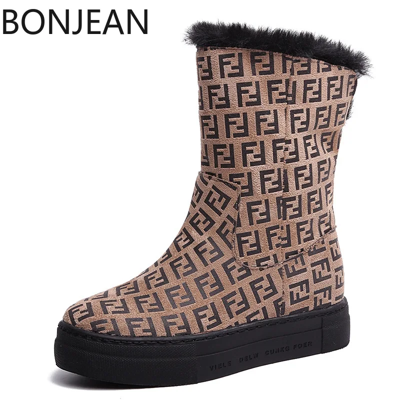 

BONJEAN 2018 Fashion Leopard Letters Mid-calf Women Snow Boots Plush Round Toe Winter Female Flats Botas Femininas De Inverno