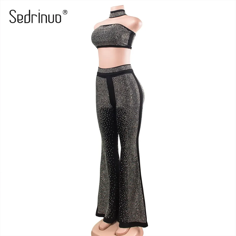 Sedrinuo Fashion Sexy 2 Pieces Set Strapless Choker Rompers Jumpsuit Rhinestone Skinny Bodycon Crop Tops & Loose Pants Jumpsuits Jumpsuits and Playsuits