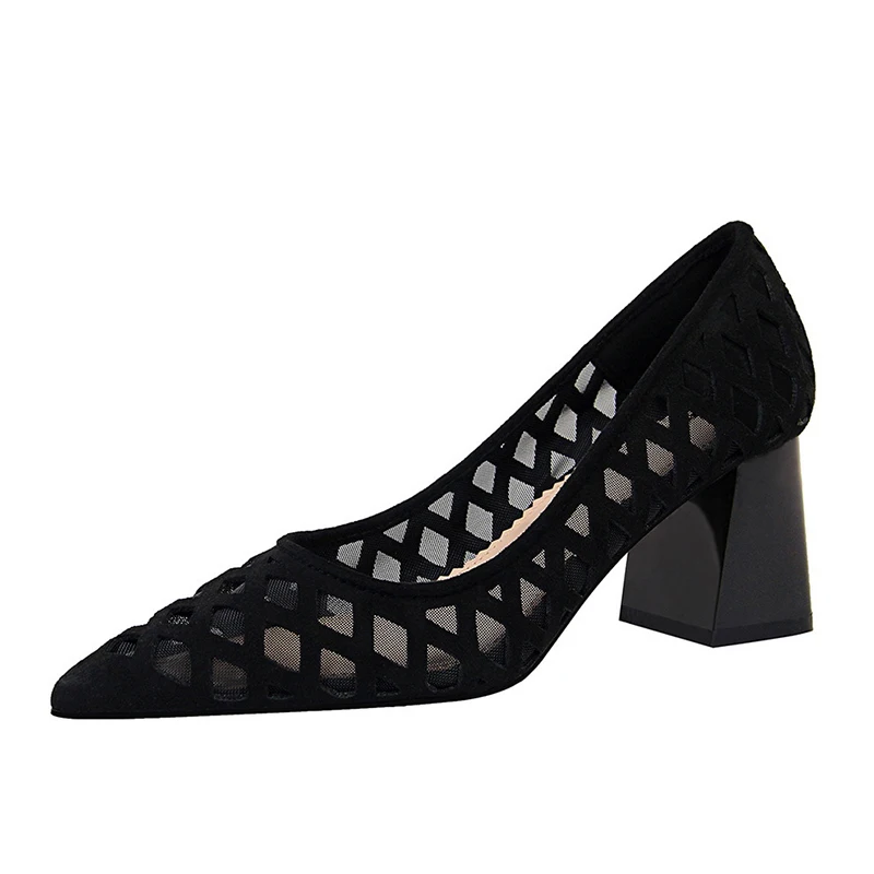

2018 Fashion Elegant Women 6.5cm High Heels Green Pumps Female Sexy Pointed Toe Mesh Hollow Low Heels Lady Shoes 182-1