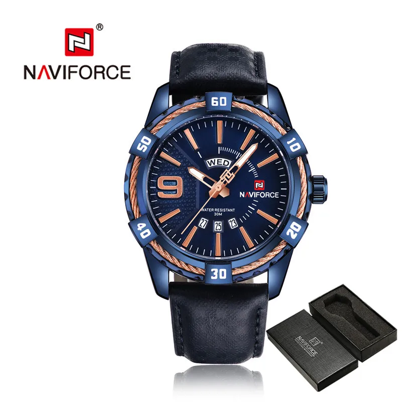 Мужские часы NAVIFORCE, мужские модные водонепроницаемые кварцевые Военные Спортивные часы с календарем из натуральной кожи, мужские часы 9117 - Цвет: NA9117L01 with box