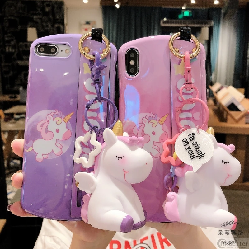 

For iPhone X/XS MAX case 7/8 plus 6/6s+ soft silicone cover XR shell cute pink unicorn + cartoon toy wristband stander girl gift