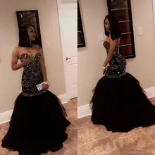 Sparkly Crystal Beading Mermaid Prom Dresses Sweetheart Tulle Black Gold Appliques Evening Party Gowns African Black Girl