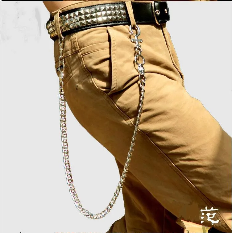 

NEW Men Bright silver Metal Wallet Chain Big Bling Cross Jeans Hiphop Key Chain Rock Biker Punk 130g Heavy Jeans waist Chain