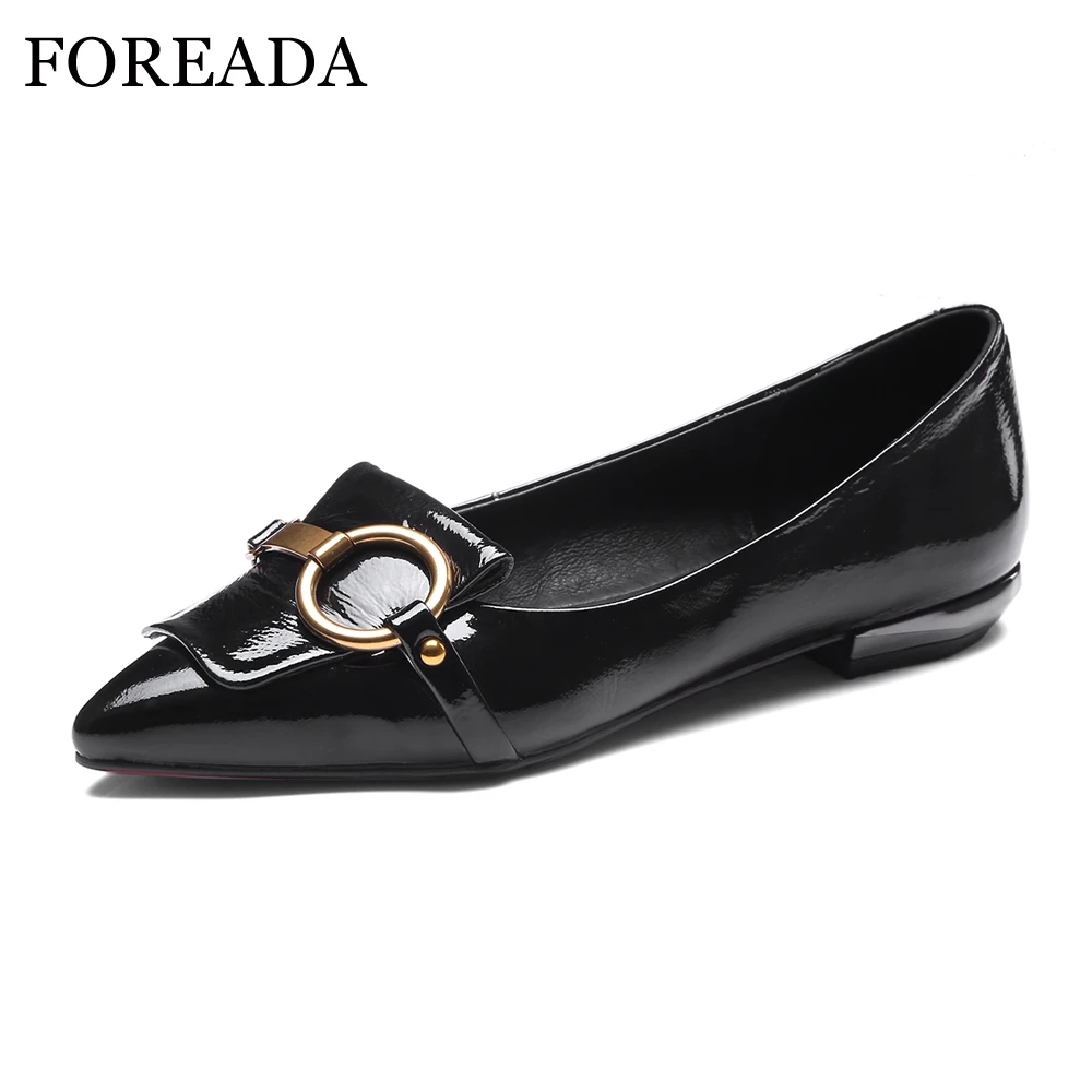 

FOREADA Women Shoes 2018 Genuine Leather Boat Shoes Spring Pointed Toe Flats Slip On Cow Leather Shoes Ladies Flat Black Yellow