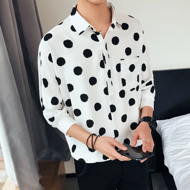 

YASUGUOJI New Model Shirts Polka Dot Printed Polo Shirt Men Turn-down Collar Short Sleeve Shirt Mens Korea Hawaiian Shirt Loose