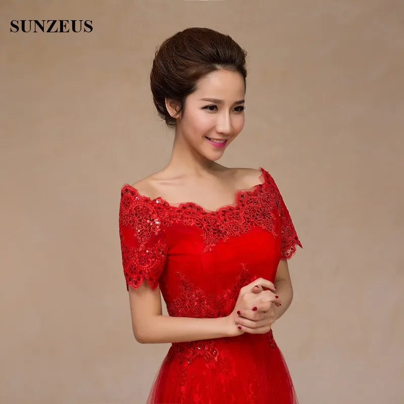 

Red Sequins Glitter Bridal Wedding Accessories Jacket Back Straps Short Sleeve Lace Bridal Cape S471