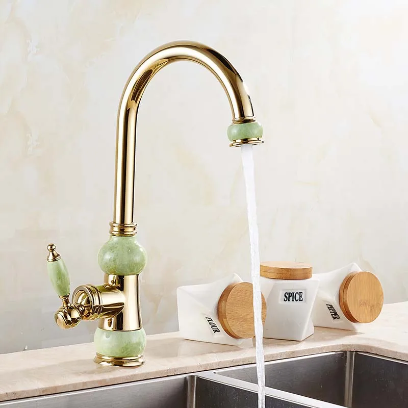 

Jade Style Golden Color Kitchen Sink Faucet Single Handle Mixer Tap Hot and Cold Water