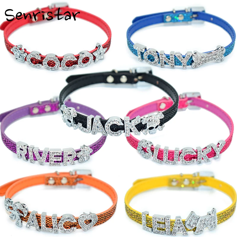 

Bling Pet Personalized PU Leather Collars For Small Dogs Free Name Customized Cat Dog Puppy Pet Name Collar Diamond Bucklet