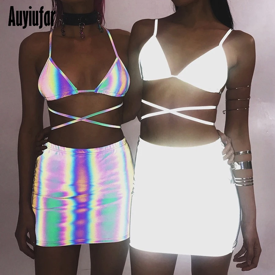 

Auyiufar Referctive 2 Piece Set Bra & Skirt Sets Women Lace Up Top Harajuku Sexy Suit Holographic Backless Lady Two Pieces Sets
