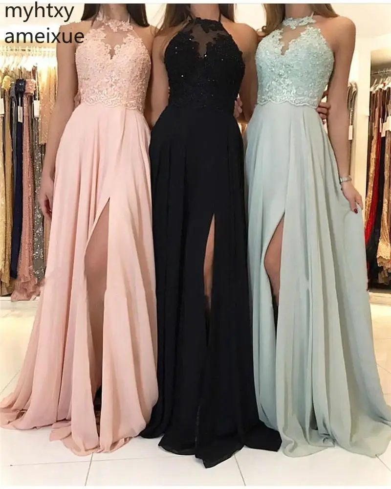 

2019 New Candy Color Halter Side Slit A-line Lace Applique Crystal Chiffon Plus Size Evening Gown Dress For Women Robe De Soiree