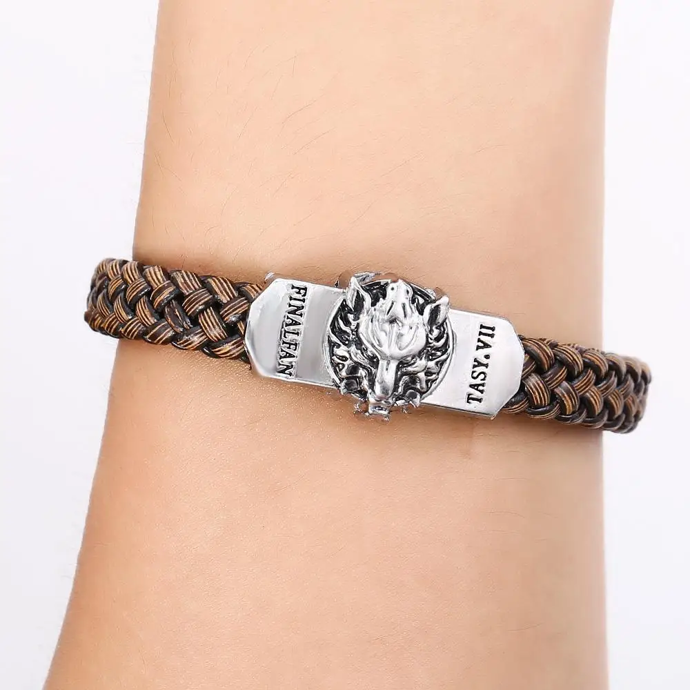 Hot Game Final Fantasy Silver Alloy Bracelets wolf Logo Leather Woven Punk Bangle cosplay jewelry drop shipping | Украшения и