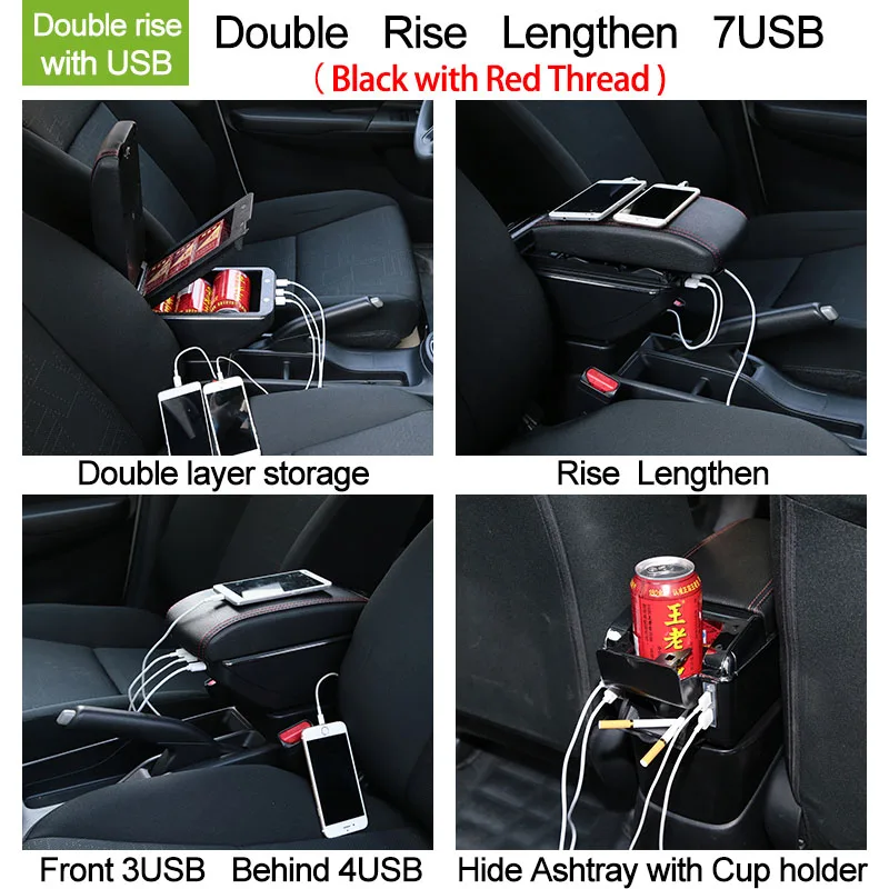 Для Ford Focus подлокотник коробка фокус подлокотник Универсальный 2005-2011 Автомобильная центральная консоль Модификация аксессуары двойной поднятый с USB - Название цвета: Double USB Black Red