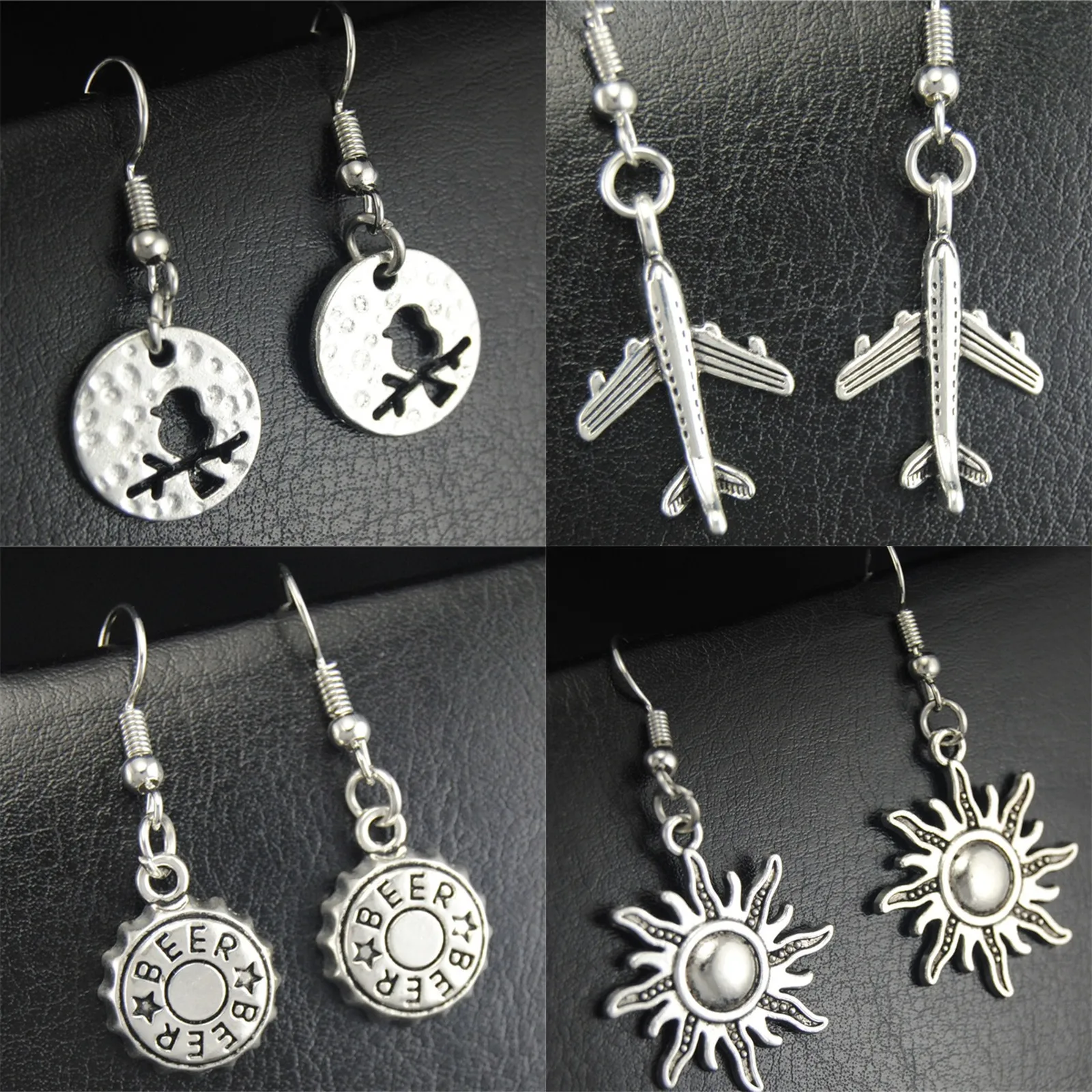

1pair Silver Sun Charms Beer Bird Airplane Dangele Drop Earrings Handmade Jewelry Fow Women