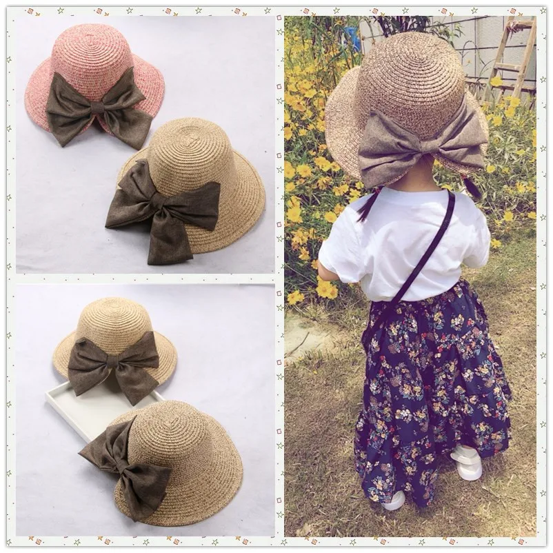 

Children Girl Sun Hats Parenting Adult Hat Summer Style Children Beach Sun Cap Cute Big Bow Solid Color Straw Hat Drop Shipping
