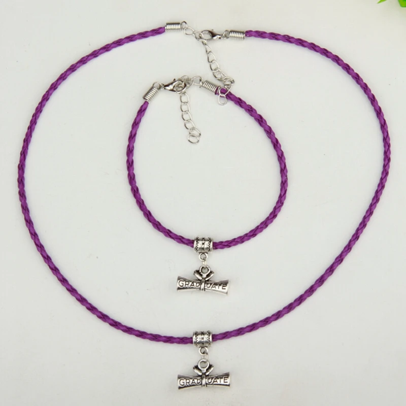 Hot 6set/lot Antique Silver Graduate Diploma Charm Pendant Multi Braided Leather Rope Necklace Bracelets Set Women Jewelry A258 | Украшения
