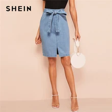 SHEIN Slit Front Belted Denim Skirt Women Summer Casual Fashion Shift Skirts Blue Solid Zipper Korean Style Skirts shein girls black solid button up belted casual girls skirts kids clothing 2019 spring fashion a line preppy long flared skirts