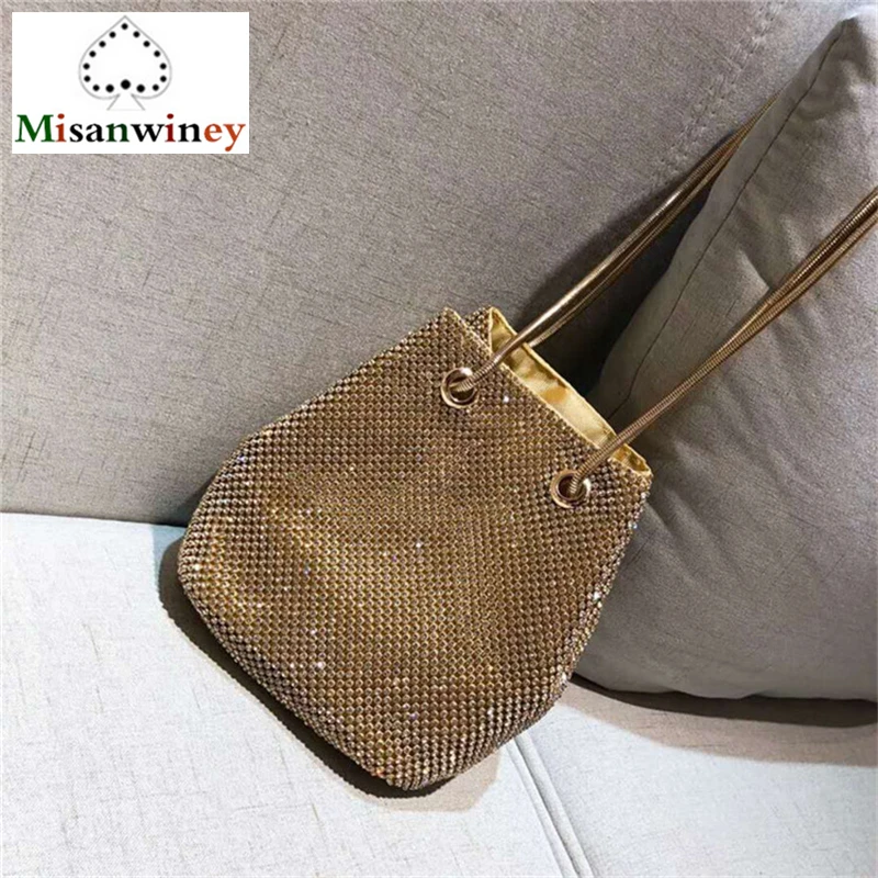 

Gold Silver Black Chain Women Bucket Bag Luxury Women Shoulder Messenger Bag Female Drawstring Bucket Handabgs Sparkling Bag Sac