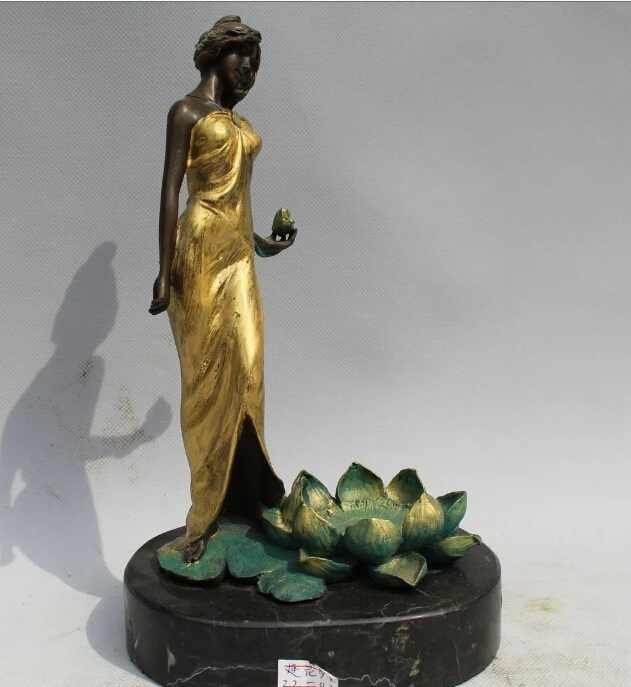 

10"Western Art sculpture Bronze Marble Bell Women Flower Statue