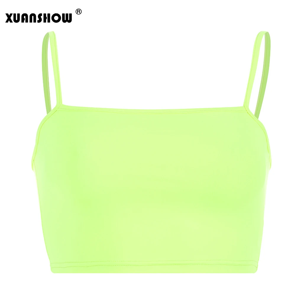 Fluorescent Green XUANSHOW сексуальный укороченный Топ для женщин на бретельках без рукавов Неон женское нижнее белье тонкий фитнес-плотно Camis майка Топы Debardeur Femme - Цвет: Fluorescent Green