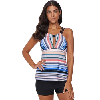 

2019 Two Piece Swimwear Women Blue Multicolor Tankini Swimsuit XXL Sexy Bikinis Striped Swim Wear High Waisted Bathing Suits