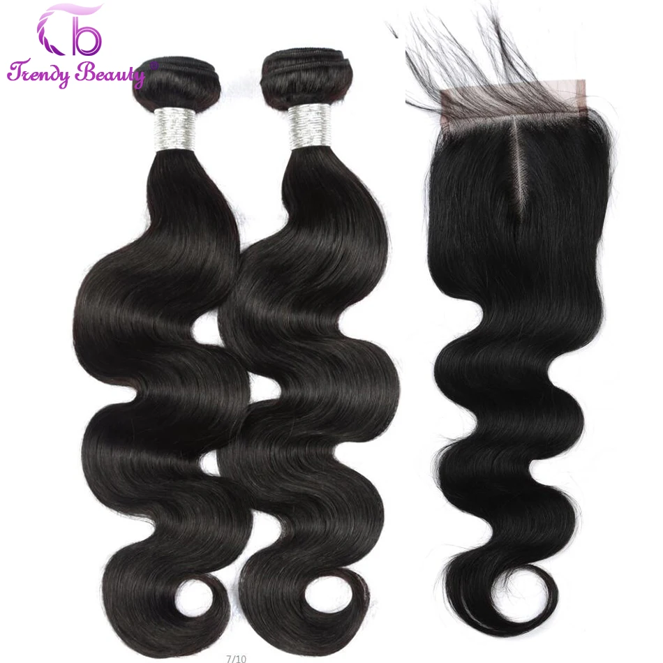 

Trendy Beauty Brazilian body wave Human Hair 2 Bundles With Closure 4x4 inches With Baby Hair Natural Black Color Non-remy