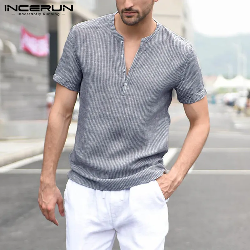 INCERUN летняя модная повседневная полосатая рубашка мужская с коротким рукавом Кнопка дышащая уличная Мужская брендовая рубашка Camisa Masculina 2019