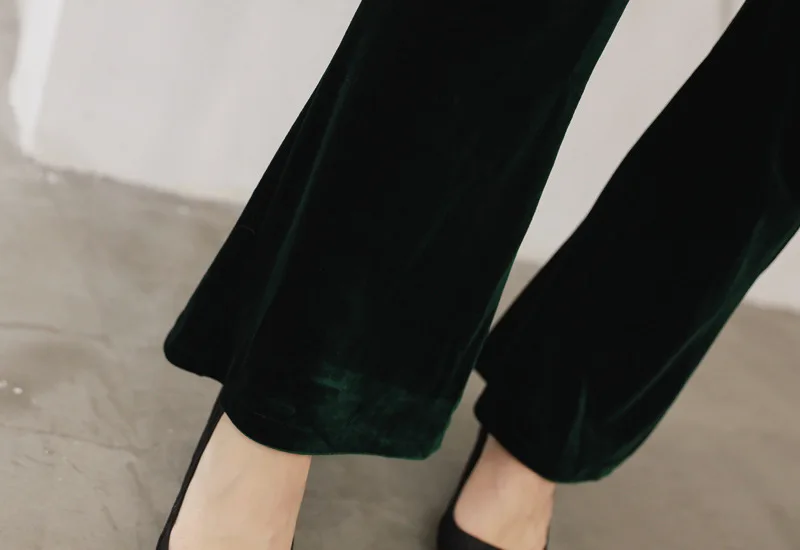 Комплект из 2 предметов 2018 женский осенний зеленый длинный рукав элегантный офисный бархатный костюм оборки Топ и длинные брюки Рабочий