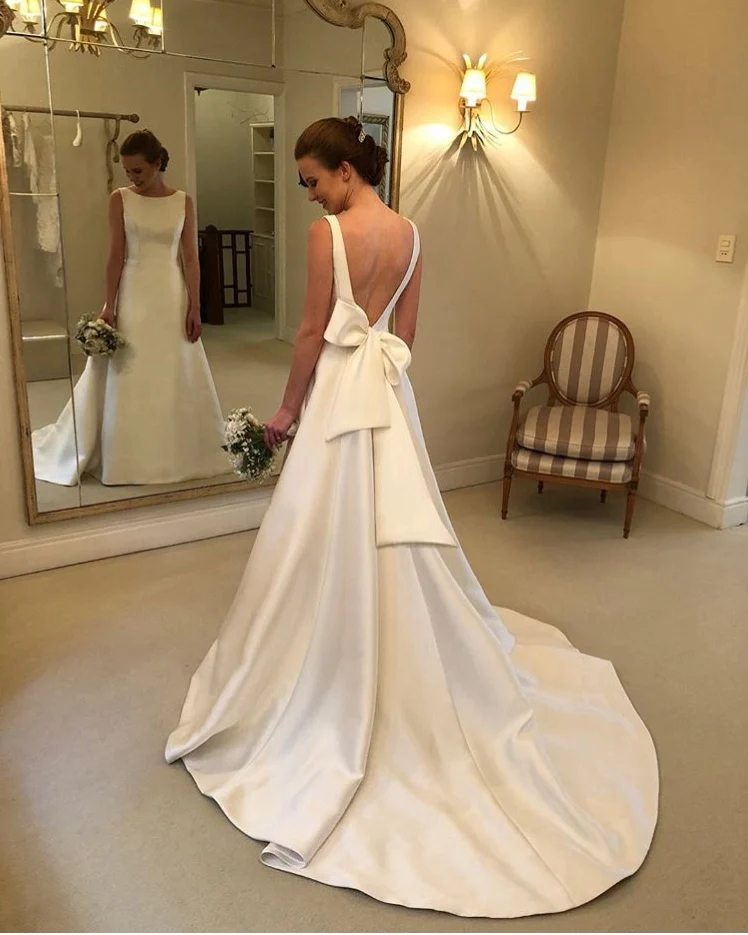 simple wedding dresses Cheapest Boho A-line Jewel Backless Wedding Dress Chapel Train Satin Bridal Dress Bow On Back Country Wedding Bride Dresses bridesmaid