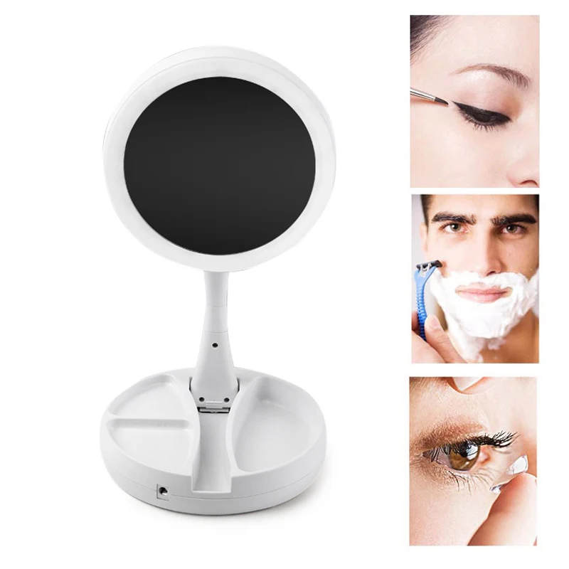 

Foldable LED Makeup Mirror 10X Magnifying Mirrors Desktop Mirror Storage Box Makeup Mirror