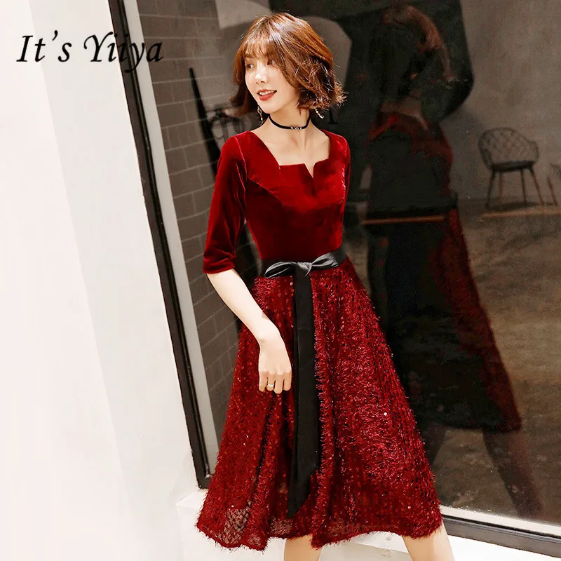 

It's YiiYa Party Gowns Shining Velour Hem Tie Bow Formal Dresses Half Sleeve Zipper Wine Red Elegant Little Prom Dresses E109