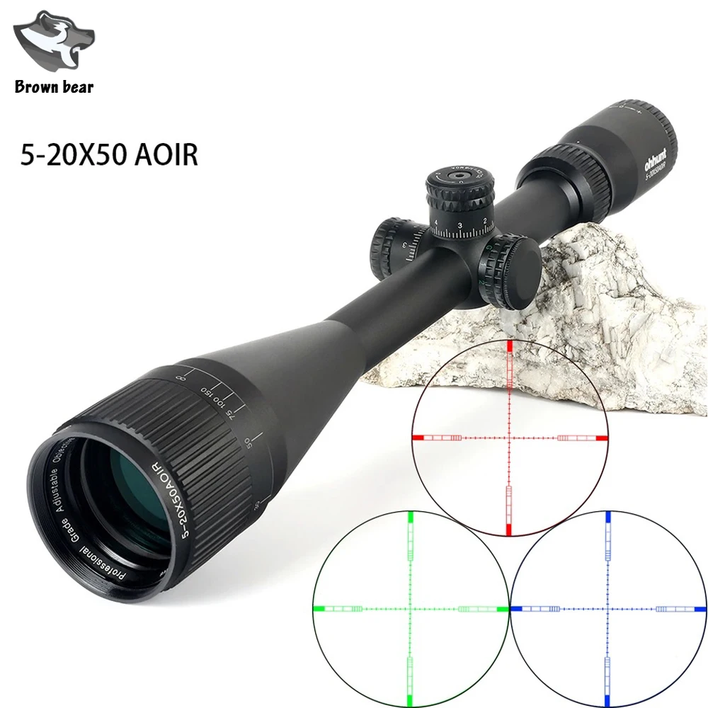 

5-20X50 AOIR Half Mil dot Red Green Blue Illuminated Turrets Lock Reset Full Size RifleScope Hunting scopes for shooting