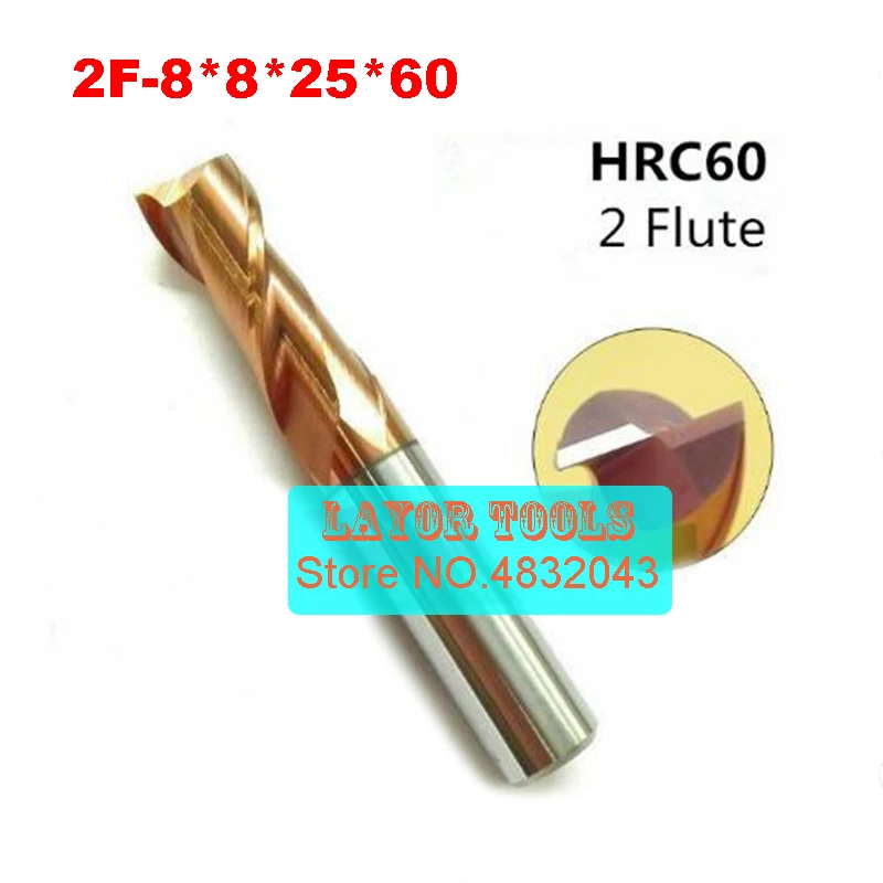 2F 8*8*25*60 HRC60 твердосплавные квадратные торцевые фрезы покрытие: нано две канавки