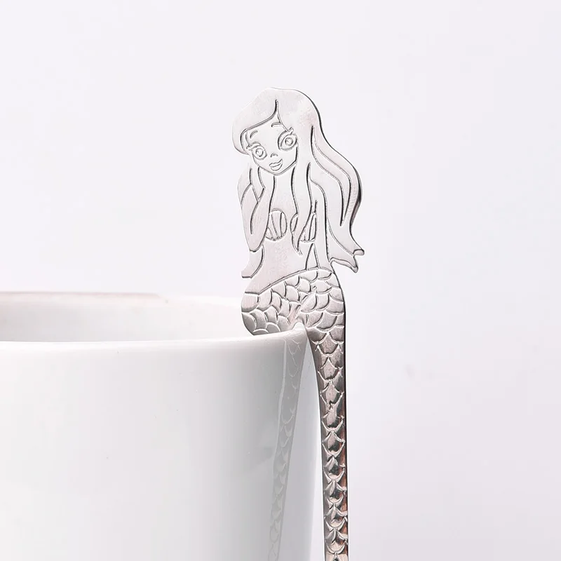 Tea Spoon 304 Stainless Steel TeaSpoon Cute Mermaid Pattern Dessert Snack Coffee Spoon Party Kitchen Wedding Gift Tableware