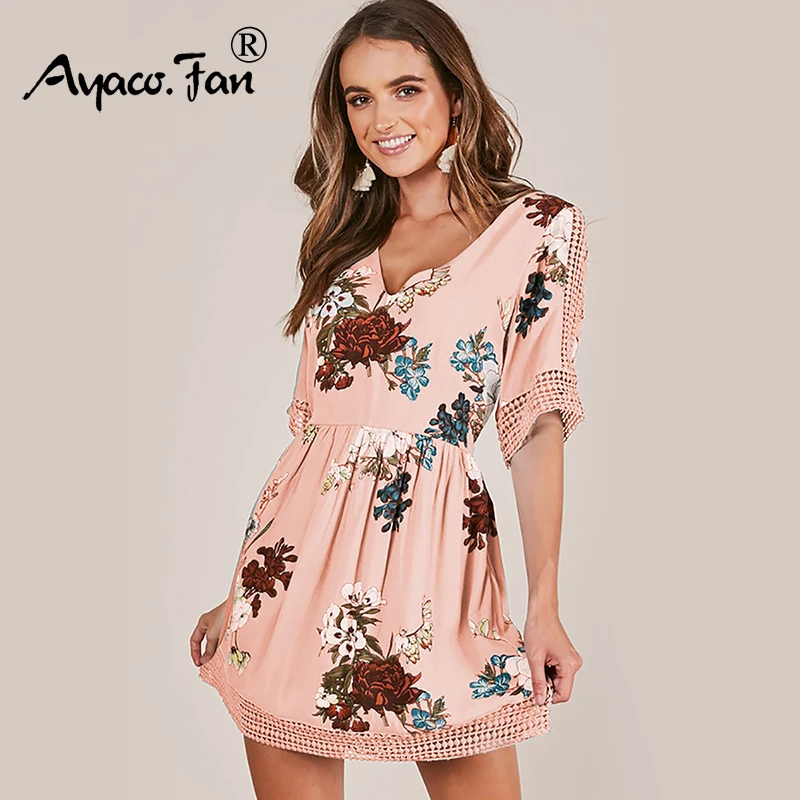 

Half Sleeve Lace Patchwork Summer Dress 2019 New Boho Casual Sweet Pink Hollow Out Swing Mini A-Line Dresses Maxi Beach Dress