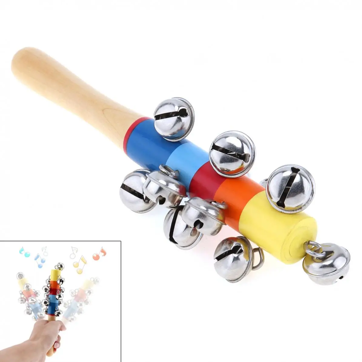 Onefont STSUNEU 3Pcs Colorful Wooden Hand Jingle Bells Rainbow Hand Bells for Kids Christmas Music Jingle Bell Toy Hand Percussion Shaker Bells 