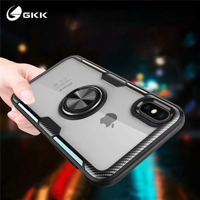 

GKK Case for iPhone XR Case With Finger Ring Transparent Acrylic + Soft TPU Edge Colorful for iPhone XR Cover Funda XR