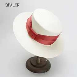 QPALCR летнее солнце Шапки Для женщин ретро лента гладкая шляпа высокое качество Наивысшее бумажные соломенные шляпы Повседневное девочки