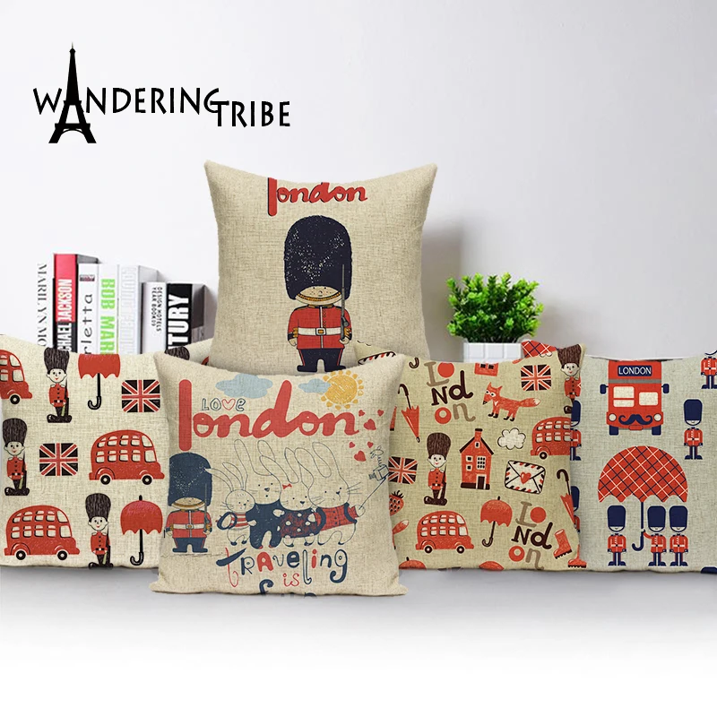 I LOVE UK London Bus Soldier Map Linen Pillow Case Cotton Cushion Cover 2 SIZES
