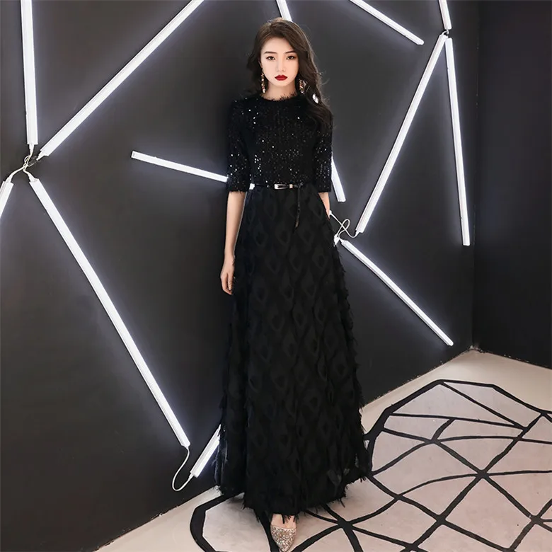 wei yin 2022 New Evening Dresses The Bride Elegant Banquet Black Half Sleeves Lace Floor-length Long Prom Party Gowns WY1342 plus size evening wear Evening Dresses