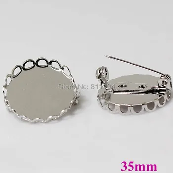 

New Rhodium tone Plated w/ Inner 35mm Blank Round Hollow Lace Bezel Brooch Bases Settings Back Pins Brooches Findings 40pcs