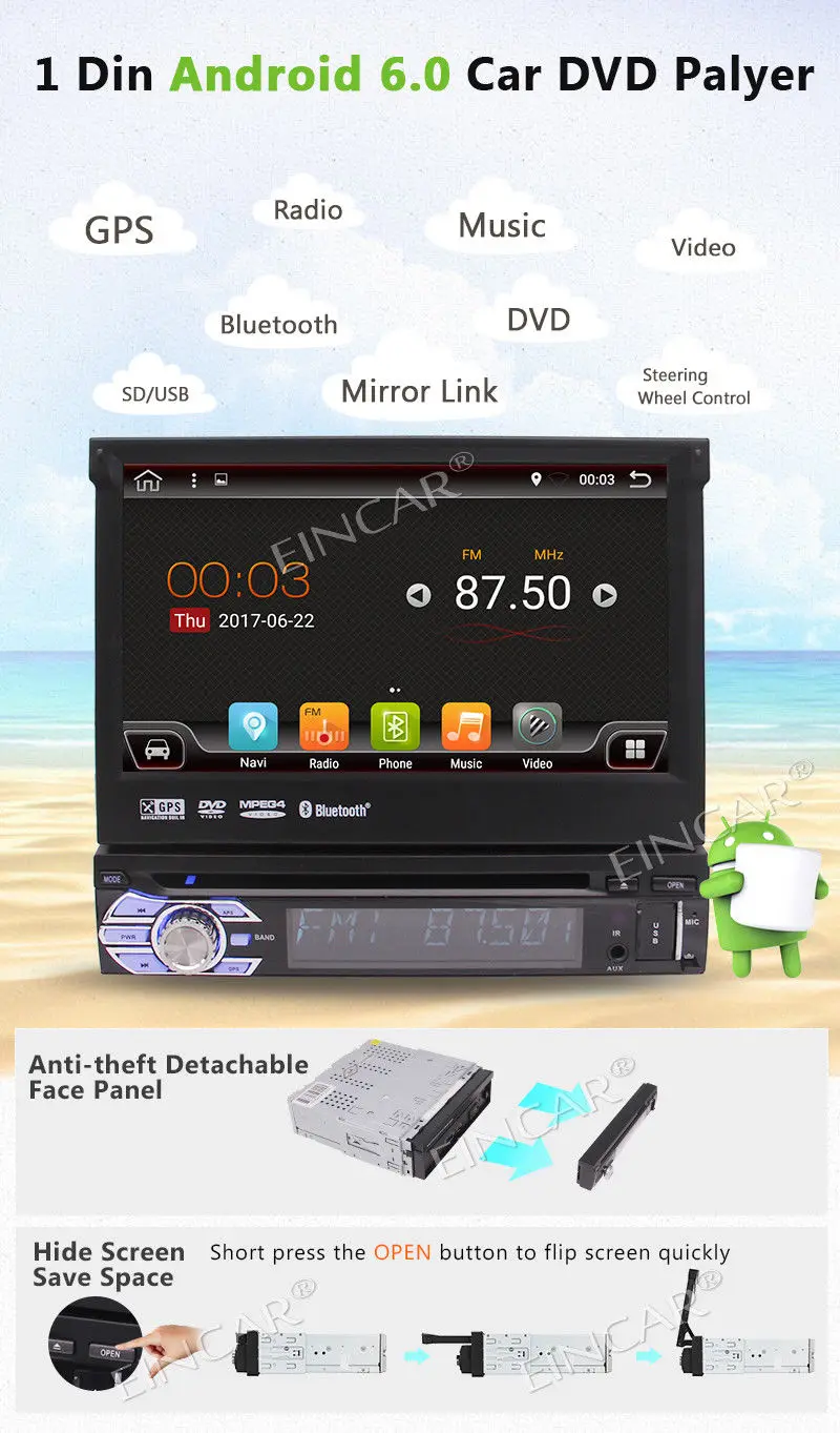 Clearance 7" Android 6.0 Single 1 Din Car Radio Stereo GPS OBD2 3G DAB+ Bluetooth+CAMERA 4