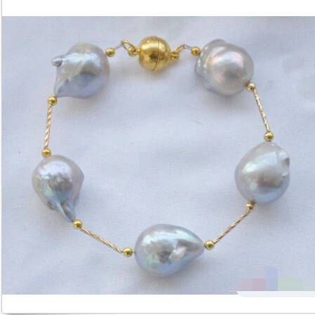 

P4013 8" 17mm gray BAROQUE KESHI REBORN PEARL gild 5star bracelet@^Noble style Natural Fine jewe SHIPPING new >>free shipping