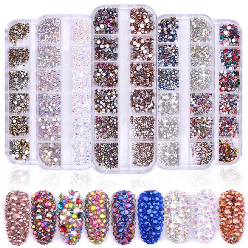  Multi Size 1Box Glass Nail Rhinestones Mixed Colors Flat-back AB Crystal Strass 3D Charm Gems DIY M