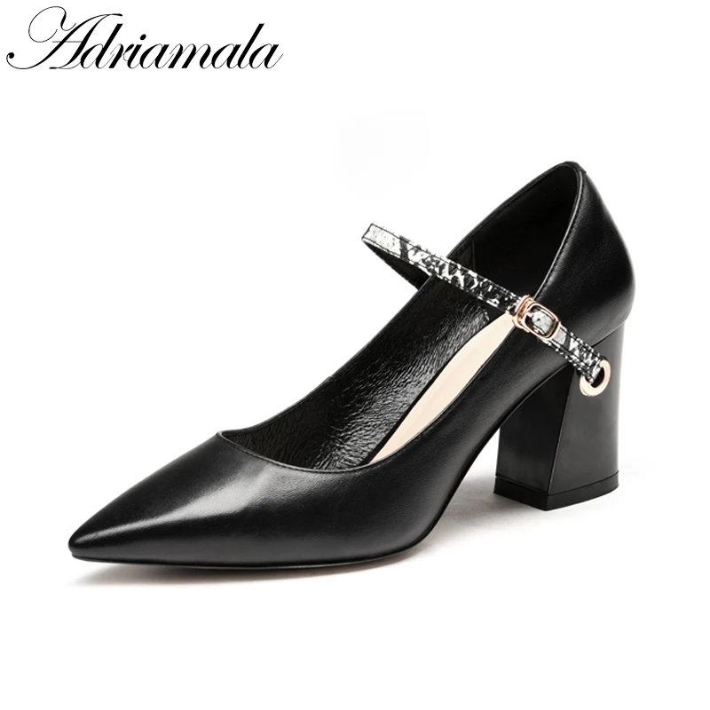 2018 Cow Leather Pointed Toe Women Thick Heels Shoes Brand Designer