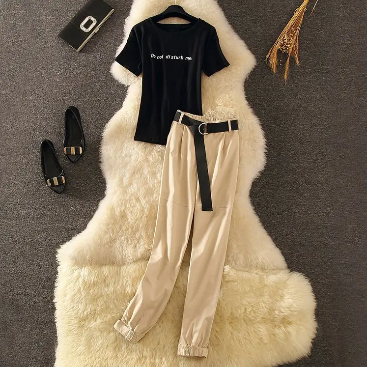 

Letter Pattern Short Sleeve Fashion O-Neck Jumper T-shirts+Elastic High Waist Pants New Women Simple Office Work 2 Pieces Sets