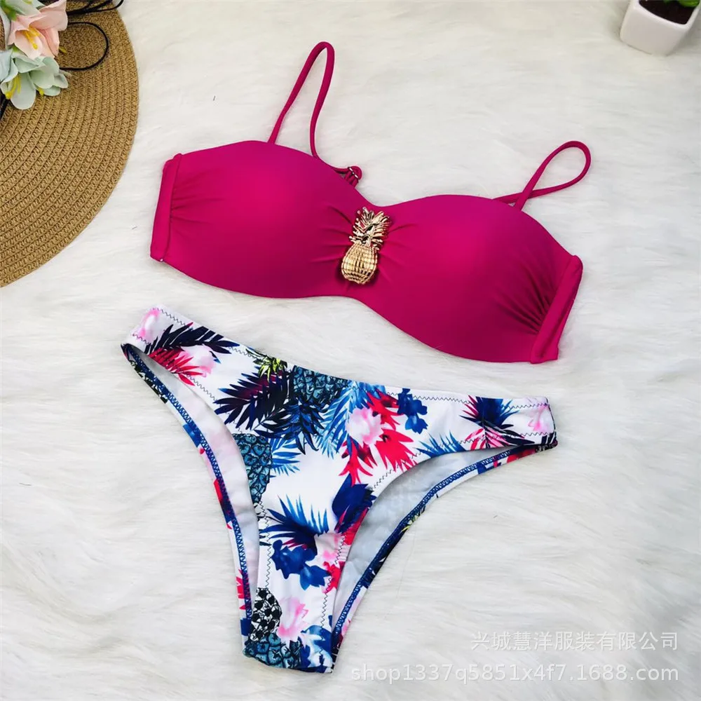 Bikinis Push up Sexy 2019 Neon Female Bikini Adjustable Thin Strap Top With Tropical Flounce Panty Women Swimwear 5 Color Style 17