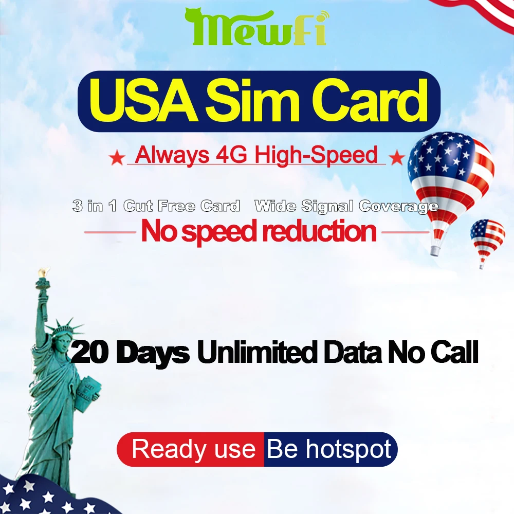 Mewfi t mobile American/Estados Unidos/EE. UU. tarjeta Sim de viaje 20