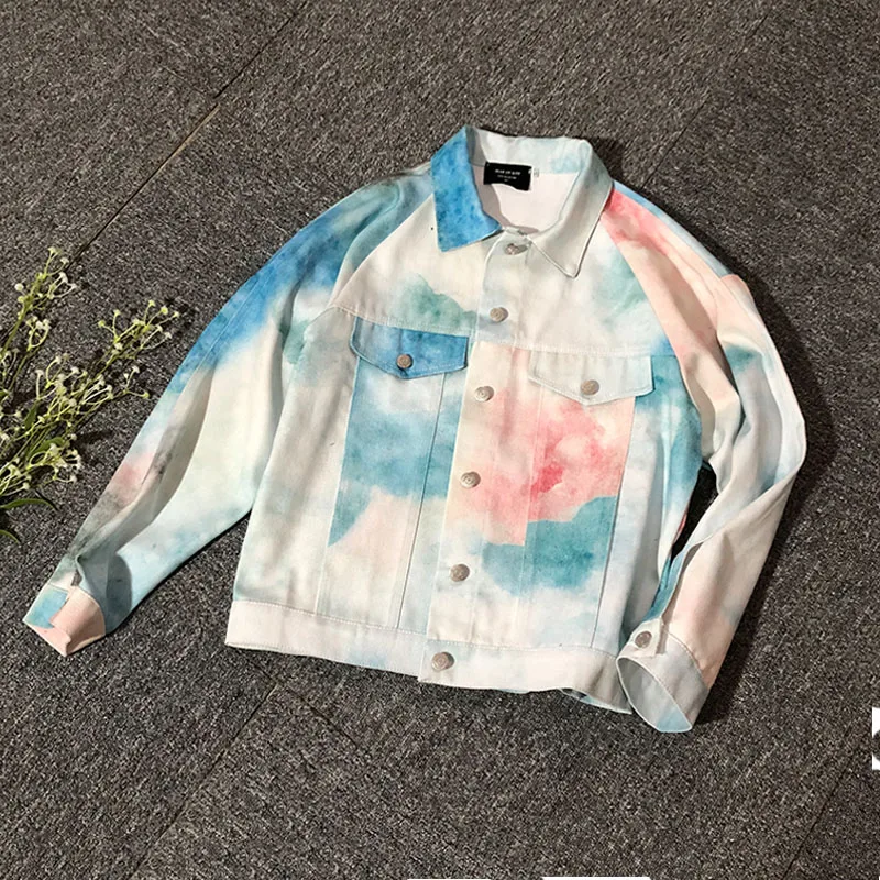 Blue green powder Джинсовые куртки с принтом неба, пальто, женская повседневная однобортная джинсовая куртка с отложным воротником, уличная одежда в стиле хип-хоп, верхняя одежда, куртка - Цвет: Blue green powder