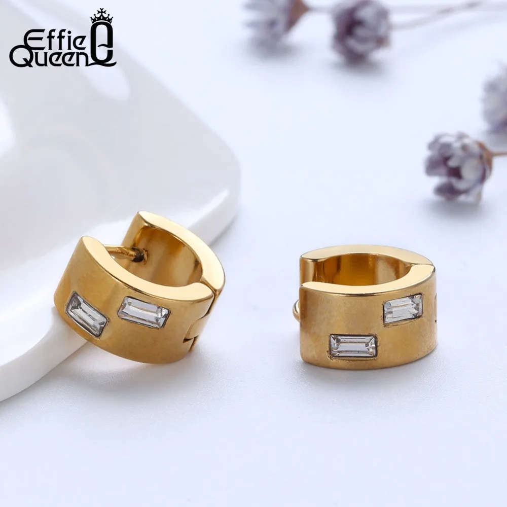 

Effie Queen Stainless Steel Small Hoop Earrings For Female 12mm Circle With Rectangle Zircon Gold-color Earring Jewelry DGTE113